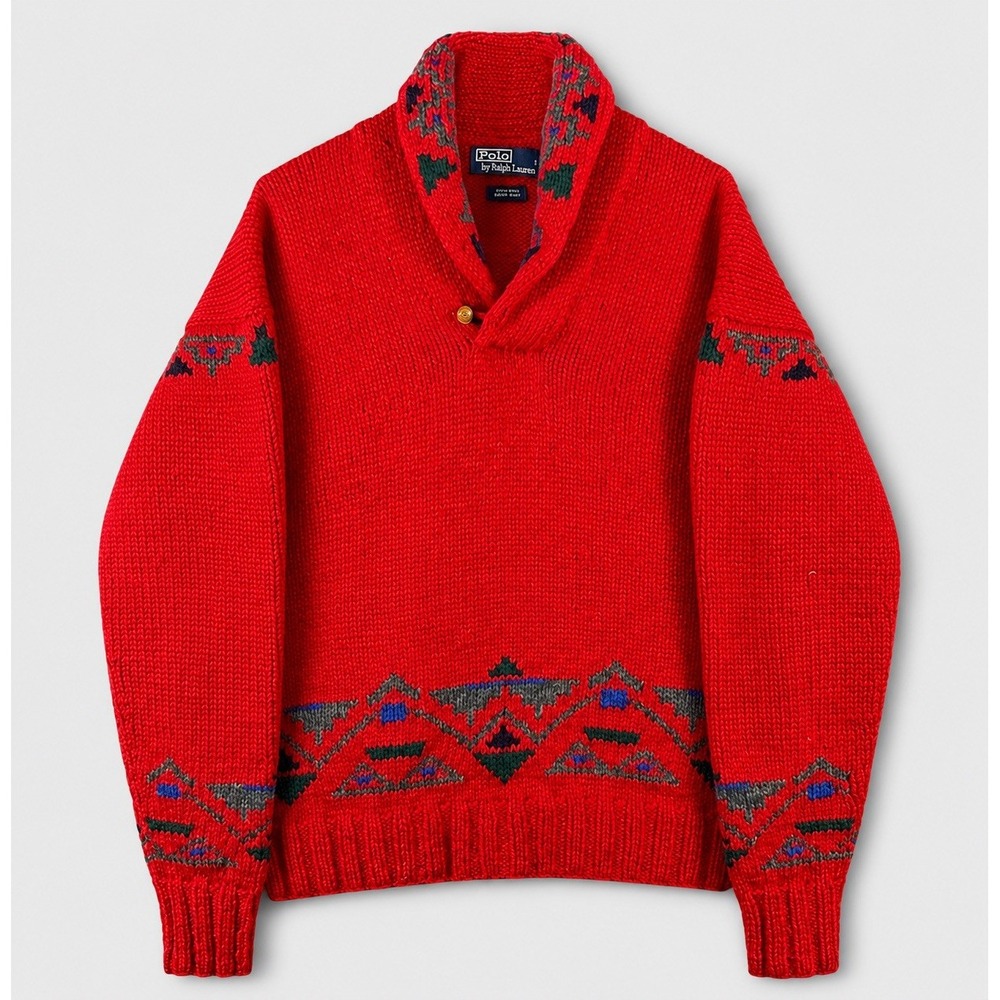 Vintage Polo Ralph Lauren Hand Knit Wool Southwestern Shawl Aztec Sweater L Red